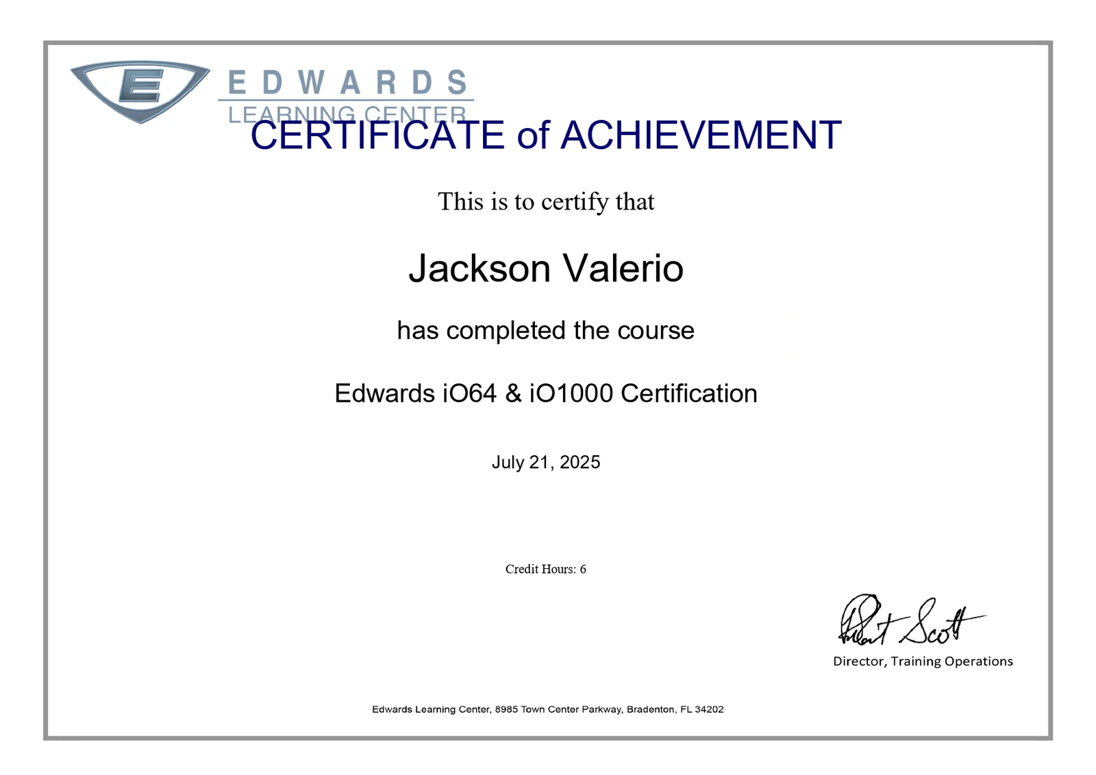 Certificado Edwards iO64 e iO1000