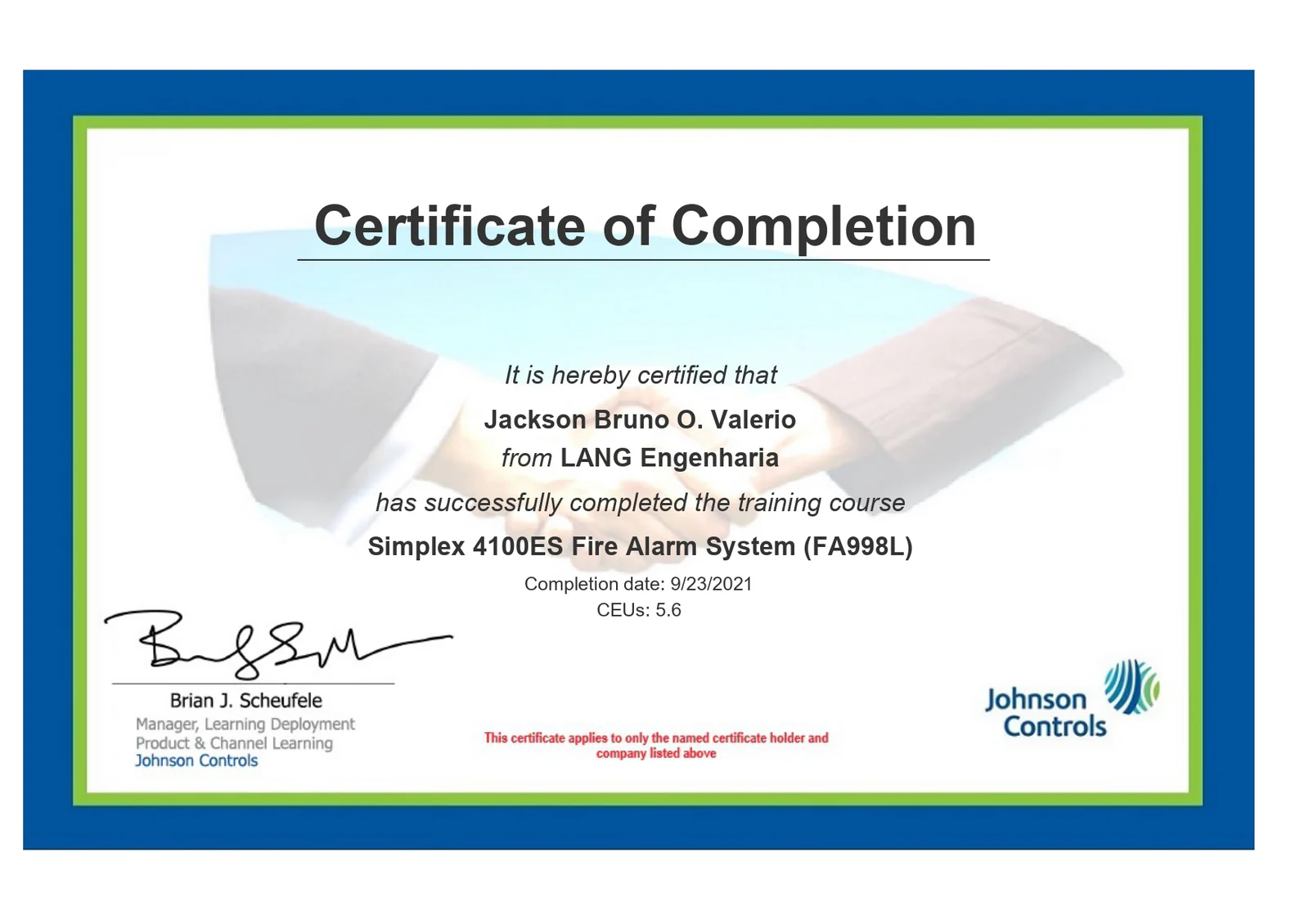 Certificado Simplex 4100ES Fire Alarm System FA998L
